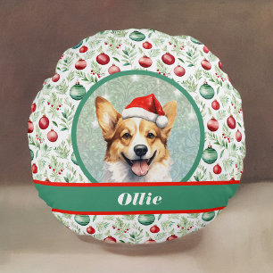 Corgi Art with Santa Hat and Christmas Ornaments Round Pillow