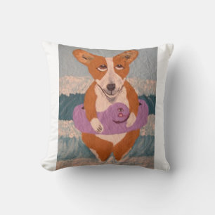 Corgi at the Beach Throw Pillow