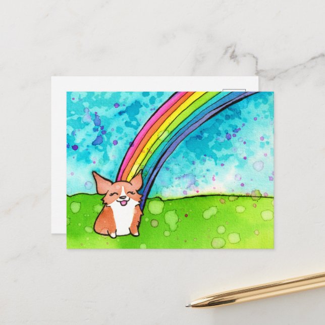 Corgi At The End Of The Rainbow Postcard (Front/Back In Situ)