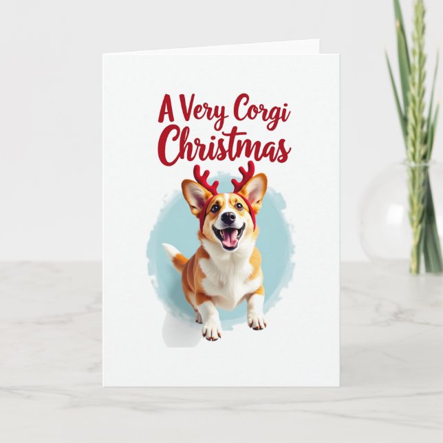 Corgi avec les bois de rennes Carte de Noël (Devant)