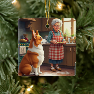 Corgi Baking with Grandma Christmas Painting Ceramic Ornament