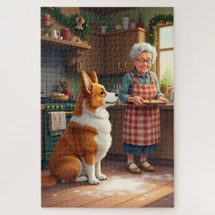 Corgi Baking with Grandma Christmas Painting Jigsaw Puzzle