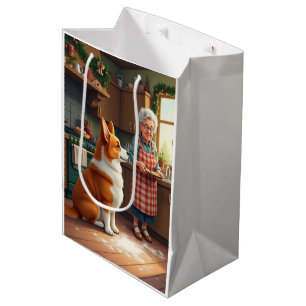 Corgi Baking with Grandma Christmas Painting Medium Gift Bag