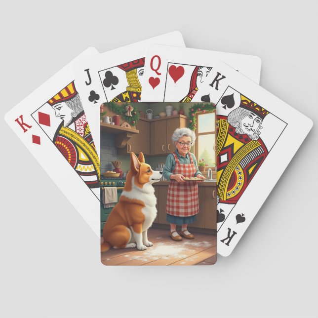 Corgi Baking with Grandma Christmas Painting Playing Cards (Back)