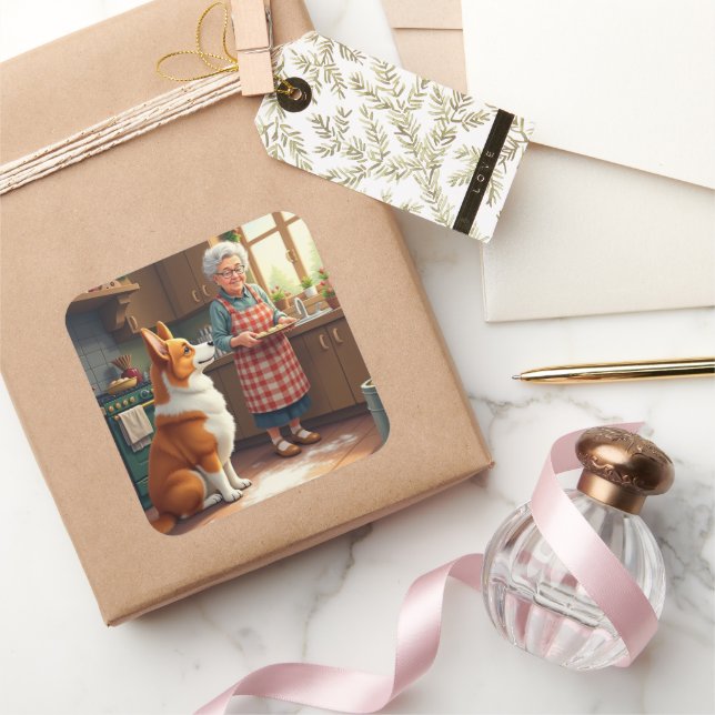 Corgi Baking with Grandma Christmas Painting Square Sticker (Gifting)