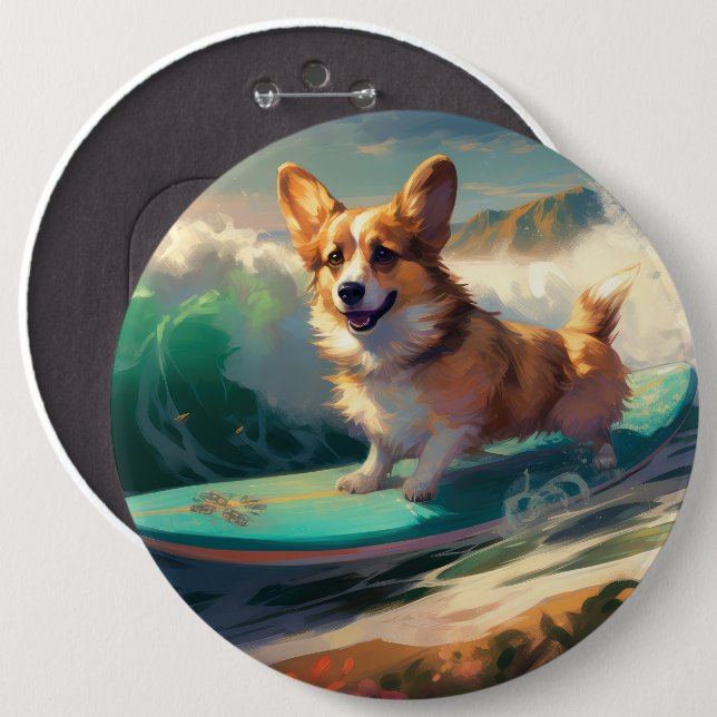 Corgi  Beach Surfing Painting  6 Inch Round Button (Front & Back)