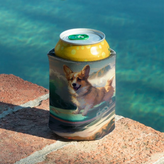 Corgi  Beach Surfing Painting  Can Cooler (In Situ Pool)