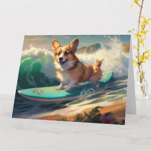 Corgi Beach Surfing Painting Card