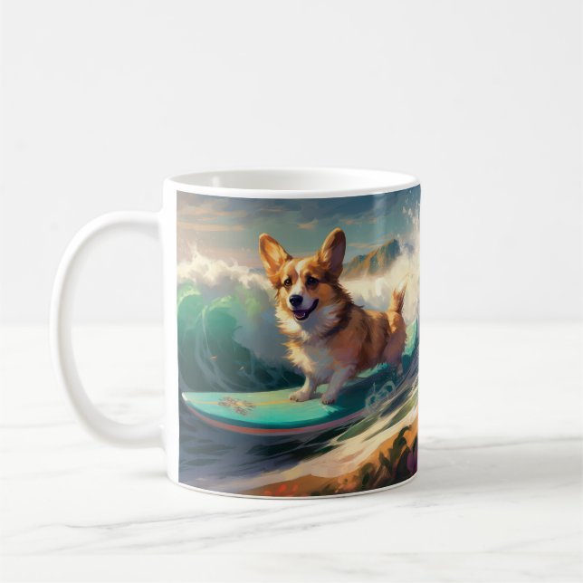 Corgi  Beach Surfing Painting  Coffee Mug (Left)