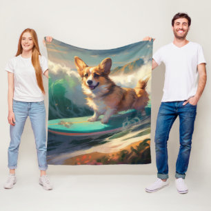 Corgi Beach Surfing Painting Fleece Blanket