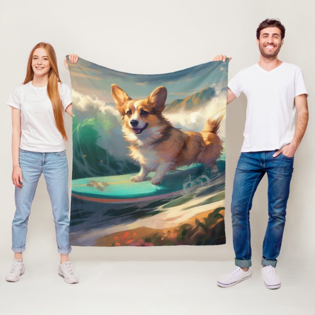 Corgi  Beach Surfing Painting  Fleece Blanket (In Situ)