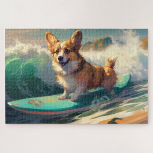 Corgi  Beach Surfing Painting  Jigsaw Puzzle