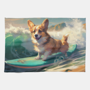 Corgi  Beach Surfing Painting  Kitchen Towel