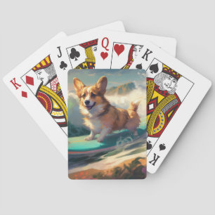 Corgi  Beach Surfing Painting  Playing Cards