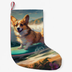 Corgi Beach Surfing Painting Small Christmas Stocking