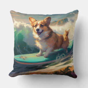 Corgi Beach Surfing Painting Throw Pillow