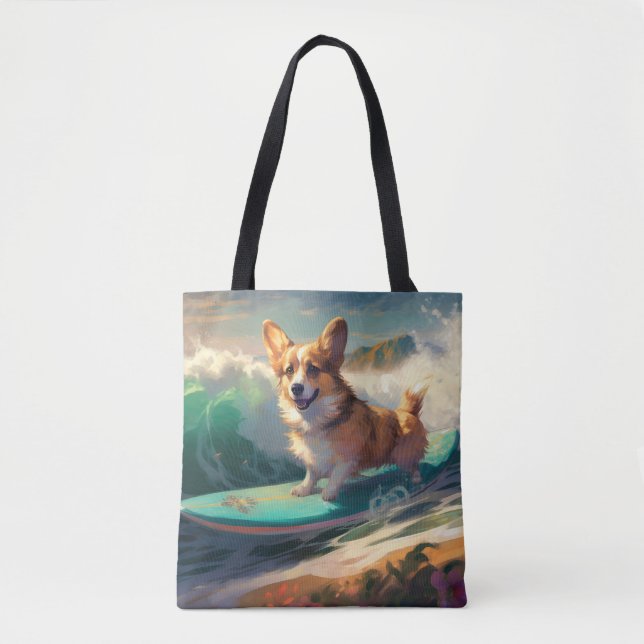 Corgi  Beach Surfing Painting  Tote Bag (Front)