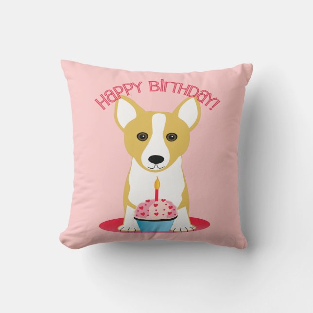 Corgi Birthday Pink Throw Pillow (Front)