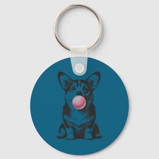Corgi Blowing Bubble Gum Funny Dog Cartoon Meme  Keychain (Front)