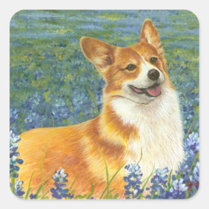 Corgi & Bluebonnets Portrait Square Sticker