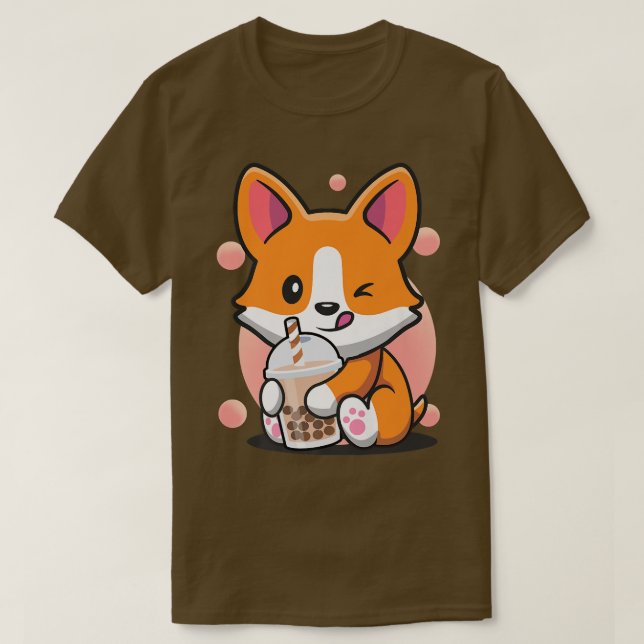 Corgi Boba Tea Funny Puppy Drinking Bubble Tea Dog T-Shirt (Design Front)