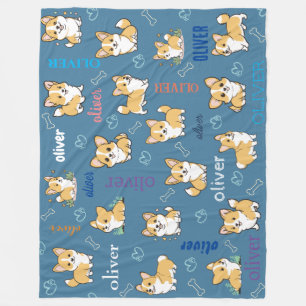Corgi Bones Hearts Blue Pattern Design Fleece Blanket