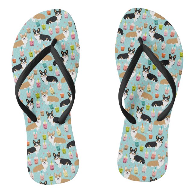Corgi Bubble Tea - Tri and Red corgis Flip Flops (Footbed)