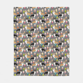 Corgi bubble Tea - Tri and Red corgis - grey Fleece Blanket