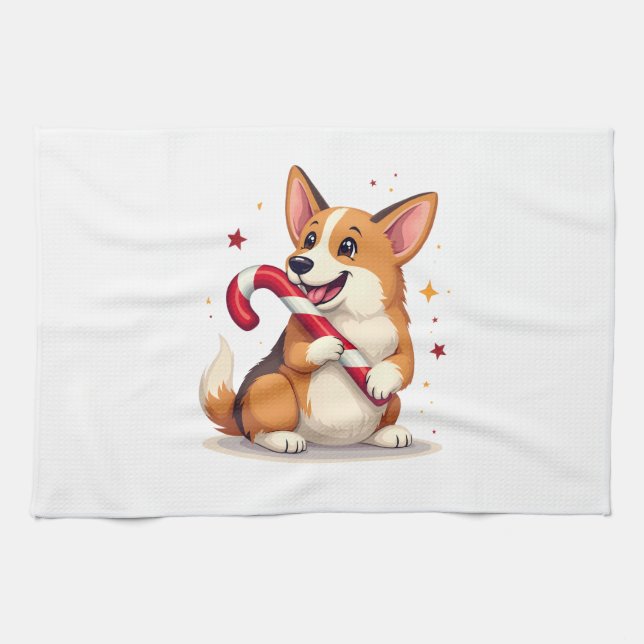 Corgi Candy Cane Joy Kitchen Towel (Horizontal)