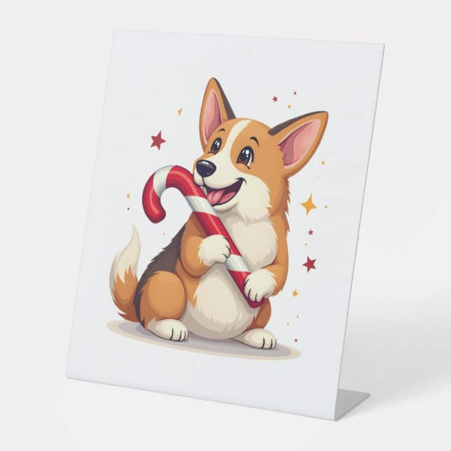 Corgi Candy Cane Joy Pedestal Sign (Front)