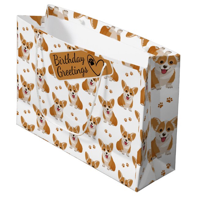 Corgi Cartoon Pattern with Custom Greeting   Large Gift Bag (Front Angled)