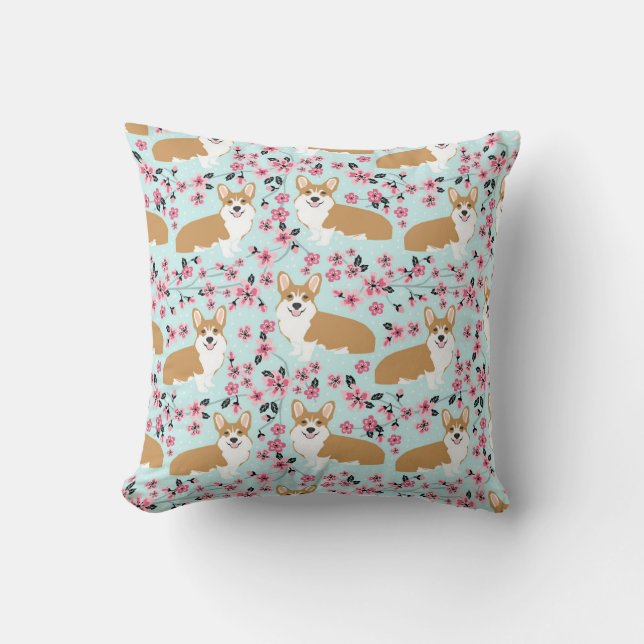 Corgi Cherry Blossom Pillow (Front)