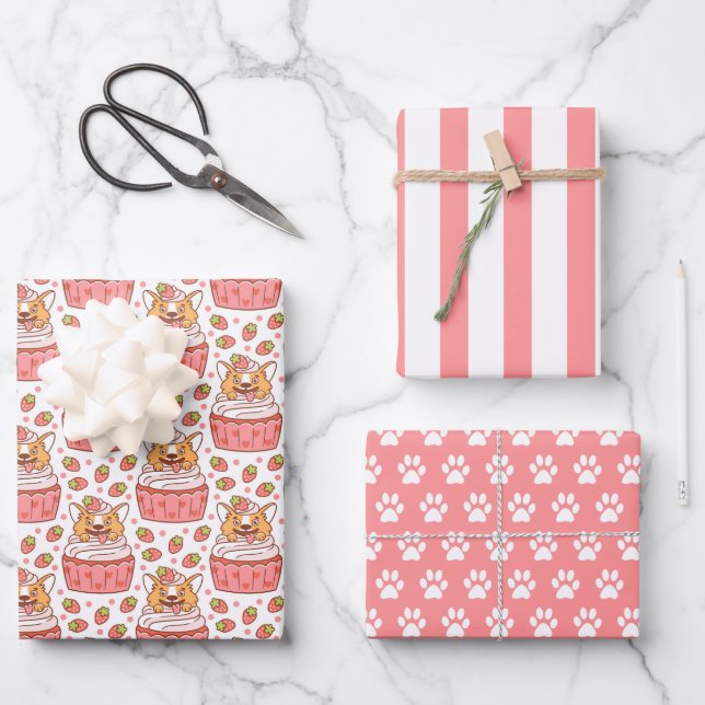 Corgi Chien Cupcake Enveloppement Papier Ensemble  (Recto)