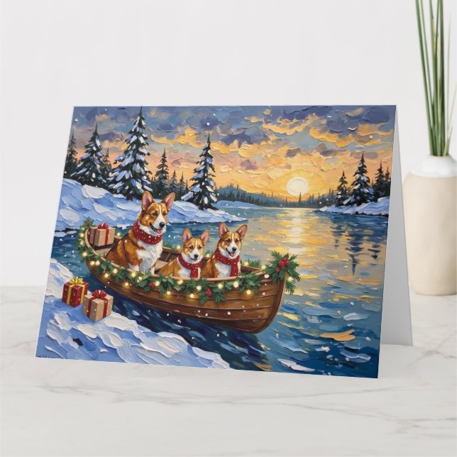 Corgi Christmas Boat Holiday Card (Front)