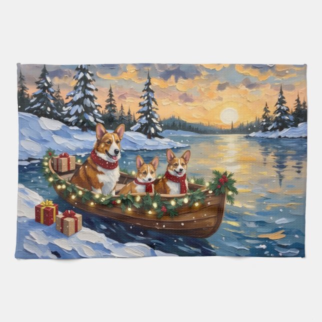 Corgi Christmas Boat Holiday Kitchen Towel (Horizontal)