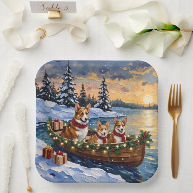 Corgi Christmas Boat Holiday Paper Plate (Wedding)