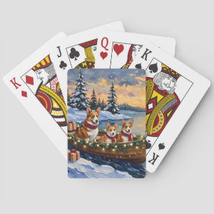 Corgi Christmas Boat Holiday Playing Cards