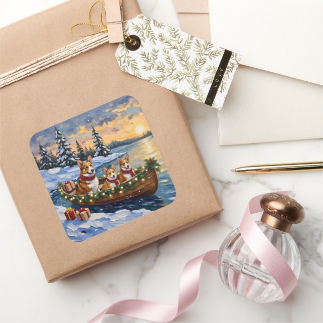 Corgi Christmas Boat Holiday Square Sticker (Gifting)
