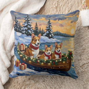 Corgi Christmas Boat Holiday Throw Pillow