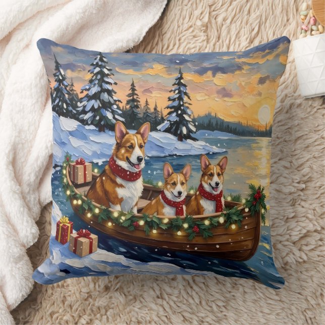 Corgi Christmas Boat Holiday Throw Pillow (Blanket)