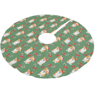 Corgi Christmas Candy Cane Pattern Brushed Polyester Tree Skirt