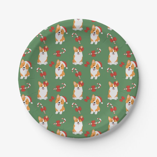Corgi Christmas Candy Cane Pattern Paper Plate (Front)