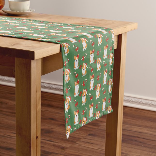 Corgi Christmas Candy Cane Pattern Short Table Runner (In Situ)