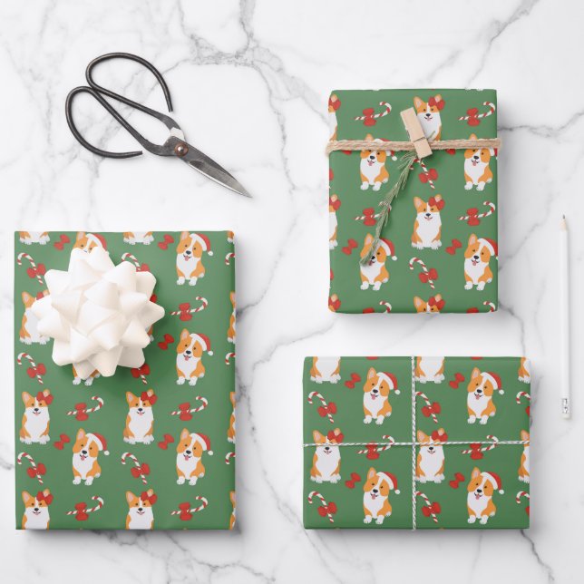 Corgi Christmas Candy Cane Pattern Wrapping Paper Sheet (Front)