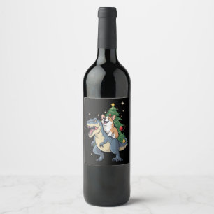Corgi Christmas Dinosaur Tree Rex Holiday Xmas Wine Label