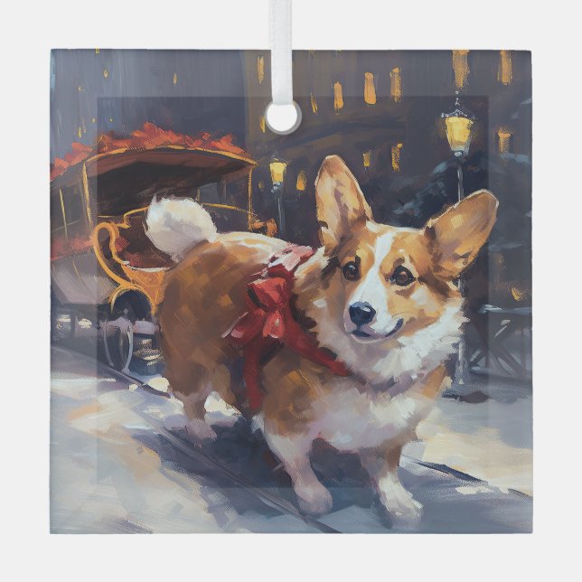 Corgi Christmas Festive Season Glass Ornament (Front)