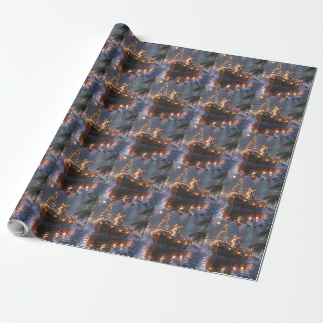 Corgi Christmas Festive Voyage Wrapping Paper (Unrolled)