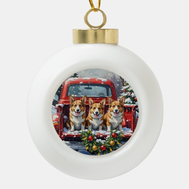 Corgi Christmas Red Truck Holiday Ceramic Ball Christmas Ornament (Front)