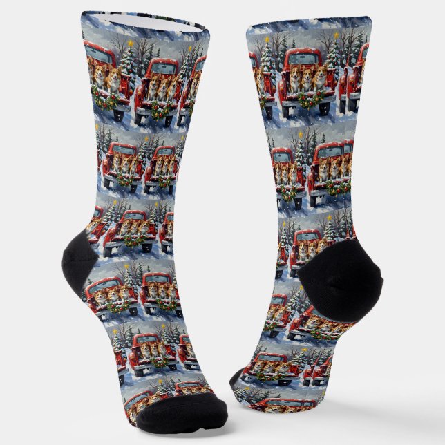Corgi Christmas Red Truck Holiday Socks (Angled)