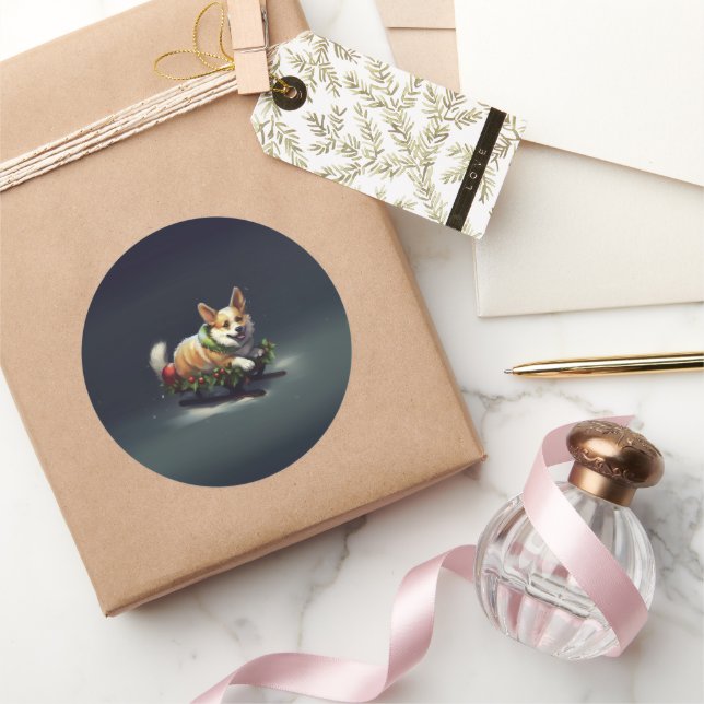 Corgi Christmas snow winter Classic Round Sticker (Gifting)